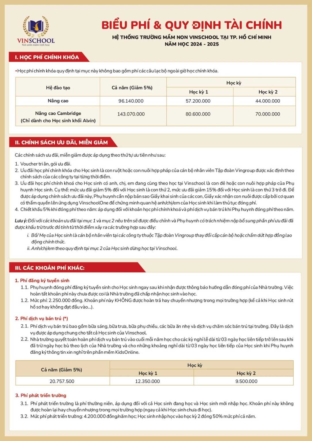 Biểu Phí Mần Non Vinschool Vinhomes Central Park 2024 2025