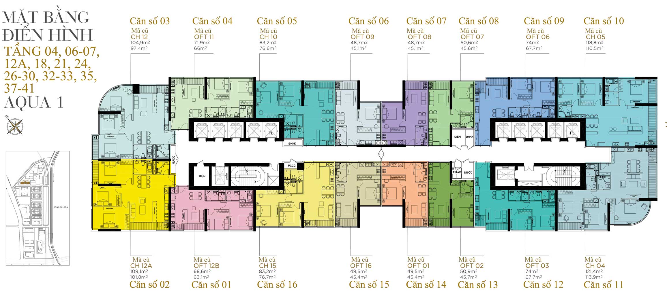 Mặt Bằng Aqua 1 Vinhomes Ba Son tầng 04, 06-07, 12a, 18, 21, 24, 26-30, 32 33, 35, 37-41