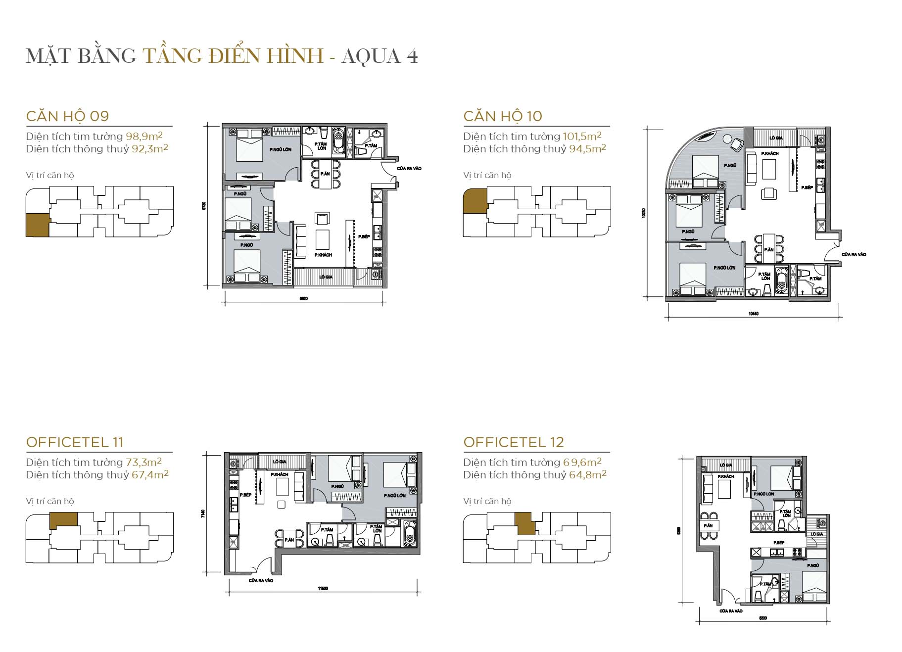 Mặt Bằng Căn Hộ Tầng điển Hình Aqua 4 Căn Số 09, 10, 11, 12